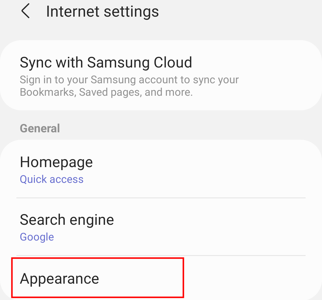 Samsung Internet Appearance menu