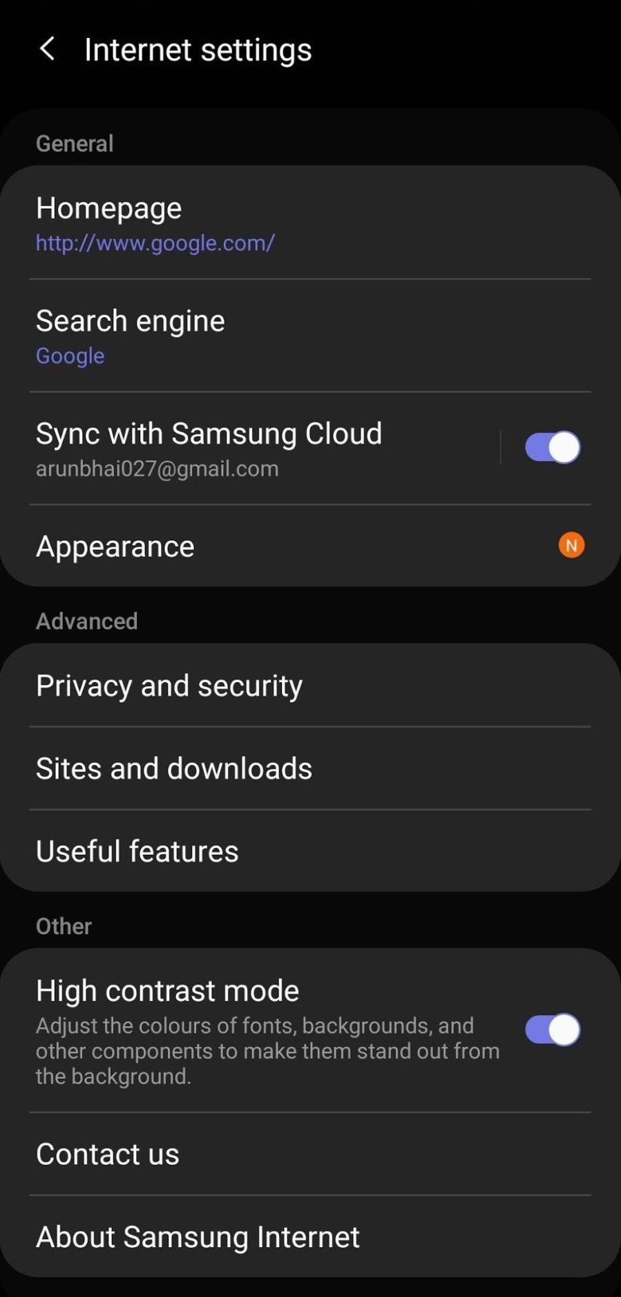 Samsung Internet Browser High contrast mode enabled