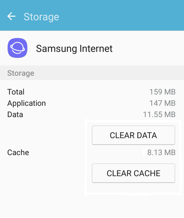 Samsung Internet Clear Data and Clear Cache command button