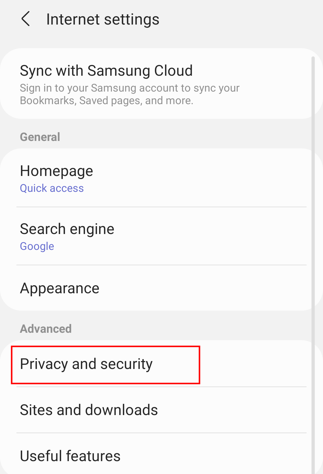 Samsung Internet Privacy and Security Settings menu