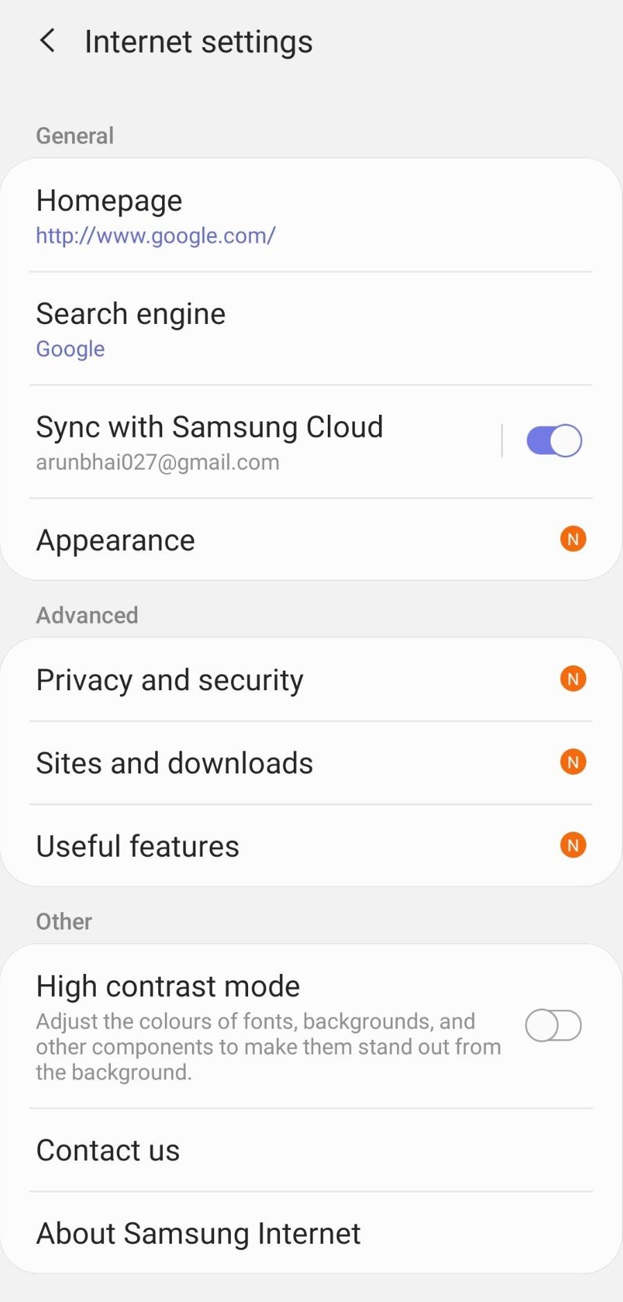 Samsung Internet Settings Menu