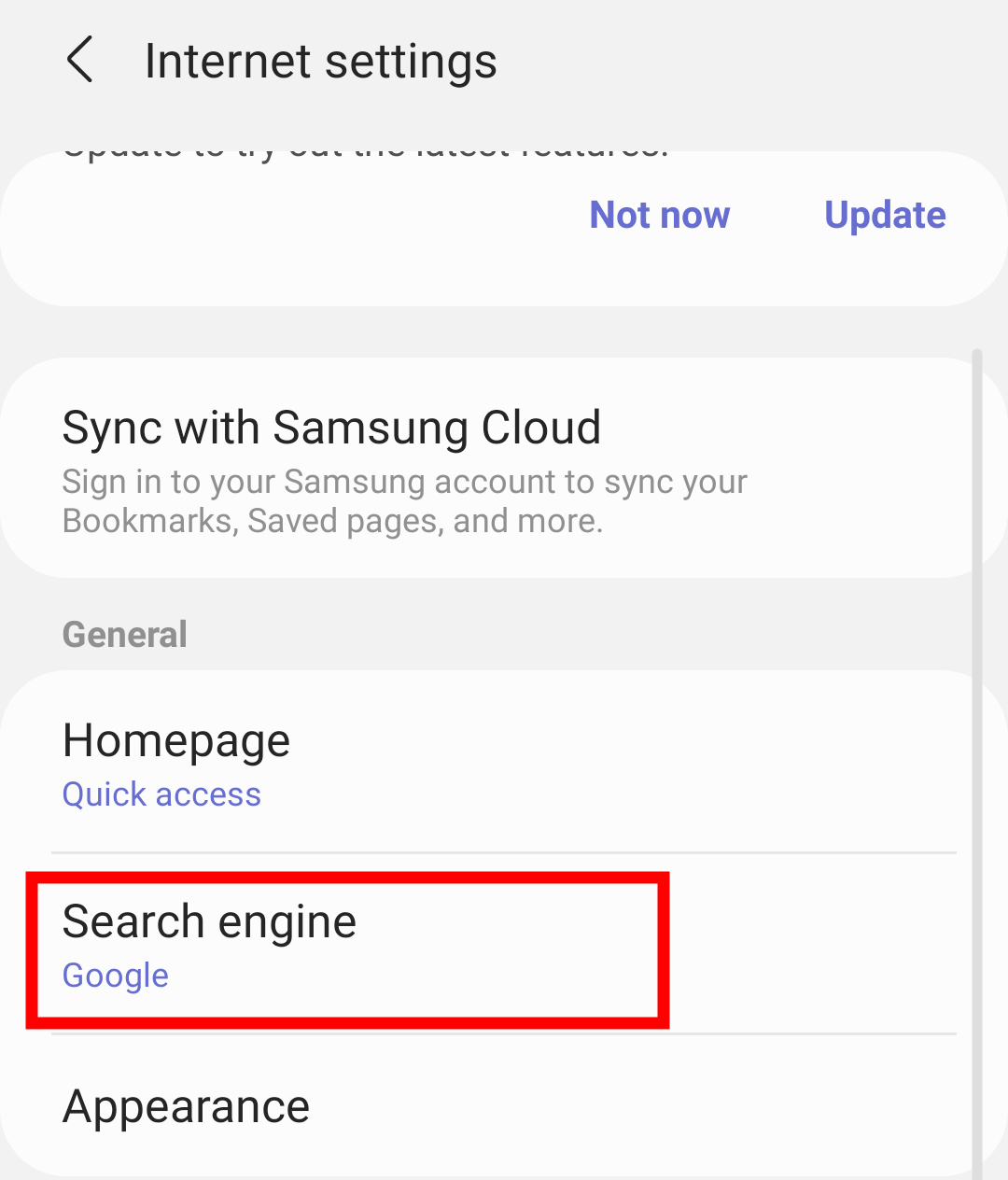 Samsung Internet Settings Search Engine