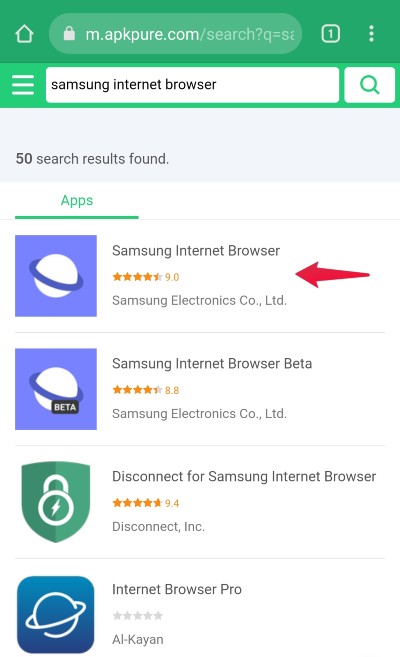 Samsung Internet browser search result in third-party site