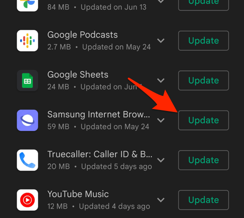 Samsung Internet browser Update command under Pending Updates on Android Play Store