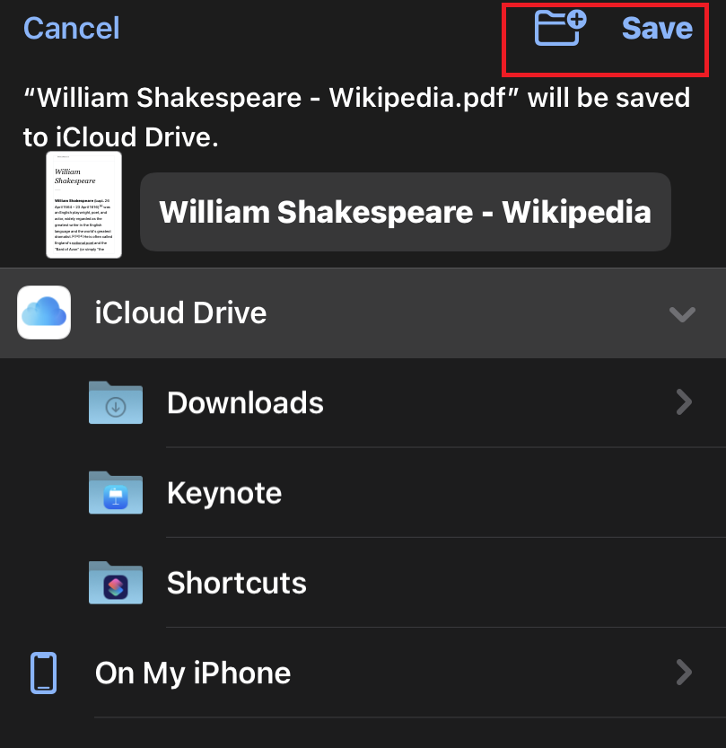 Save the Print as PDF file from Chrome iOS in iPhone Folders