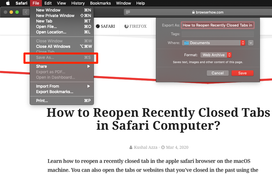 Save As Web Archive from File menubar in Safari on Mac