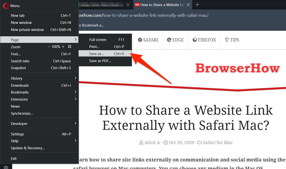 Save as Webpage Menu on Opera Browser