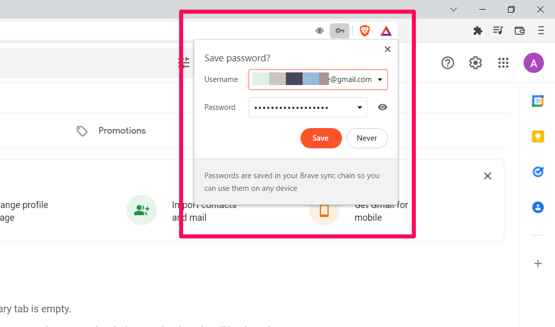 Save password pop-up dialog box in Brave computer