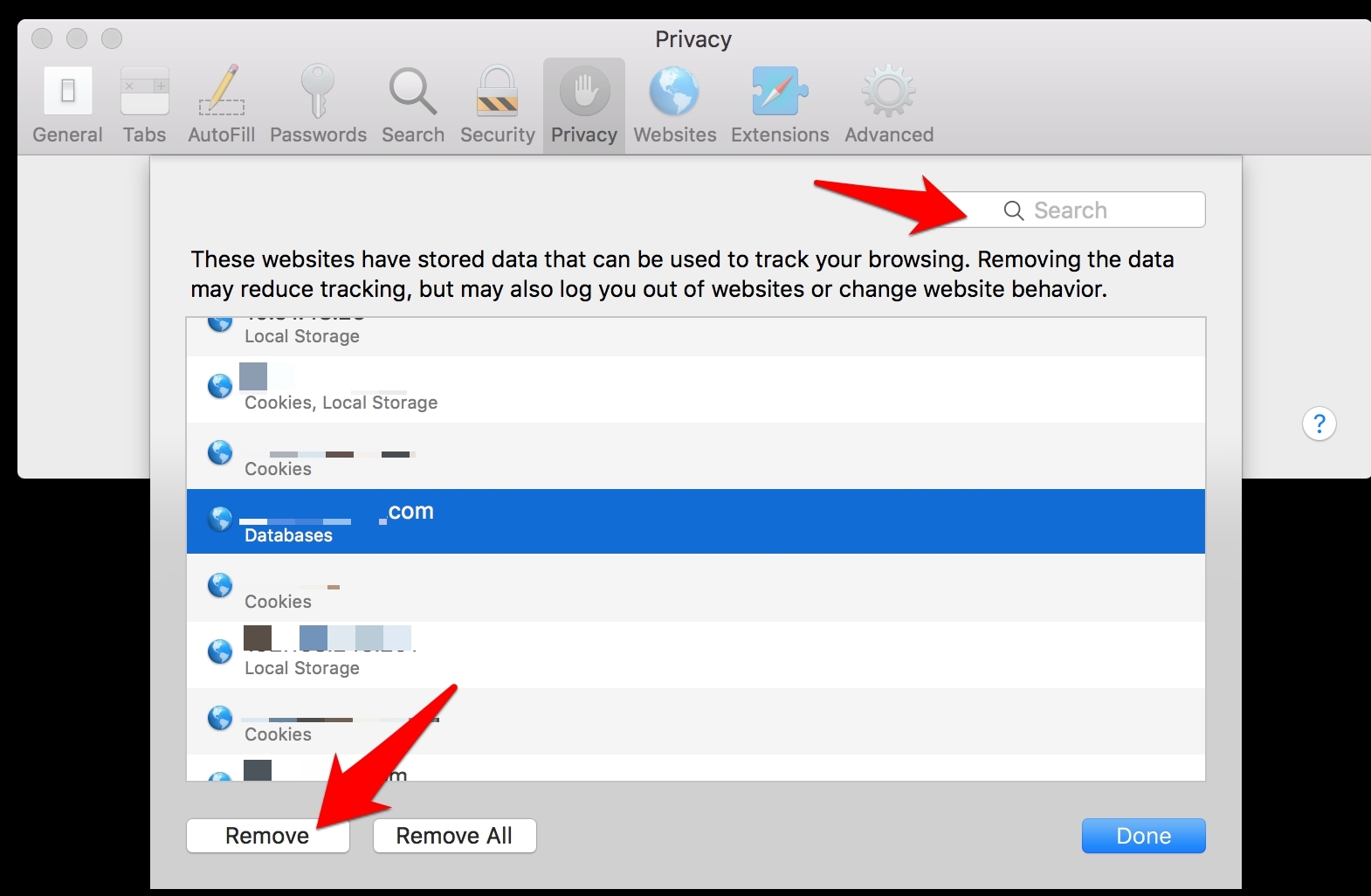 Search Select and Remove Cookies and Website Data from Safari Mac
