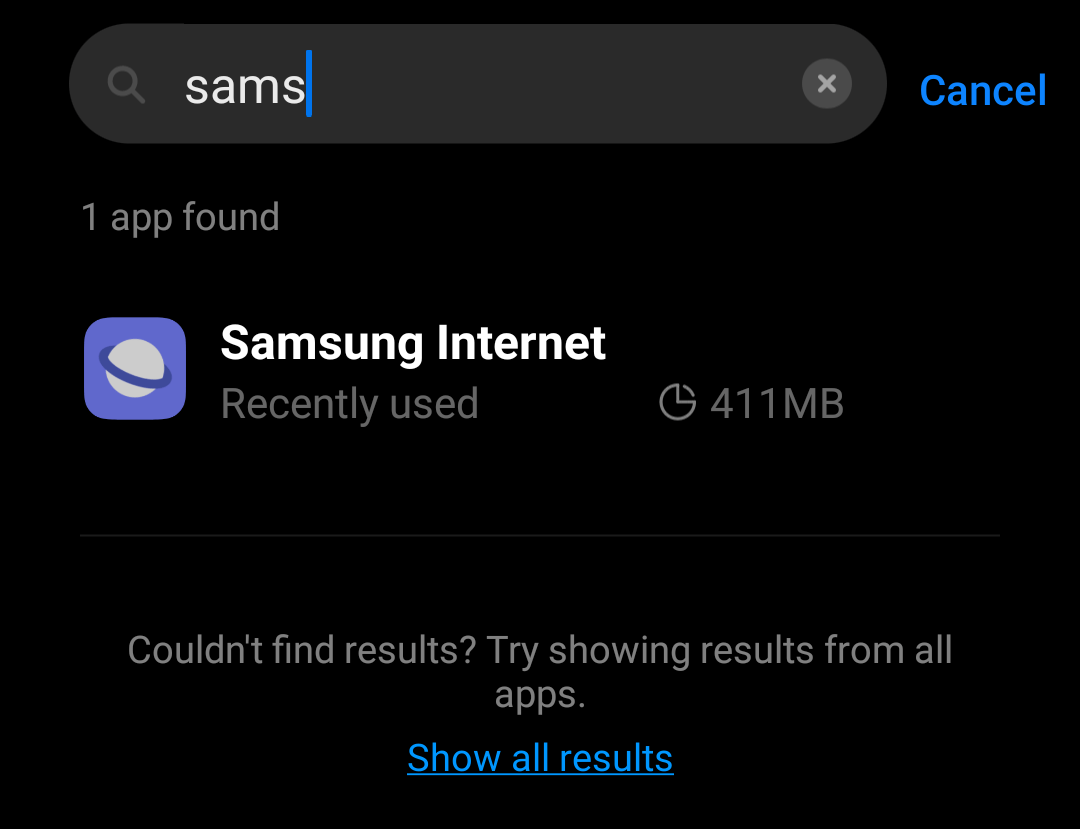 Search for Samsung in Apps settings page on Android Phone