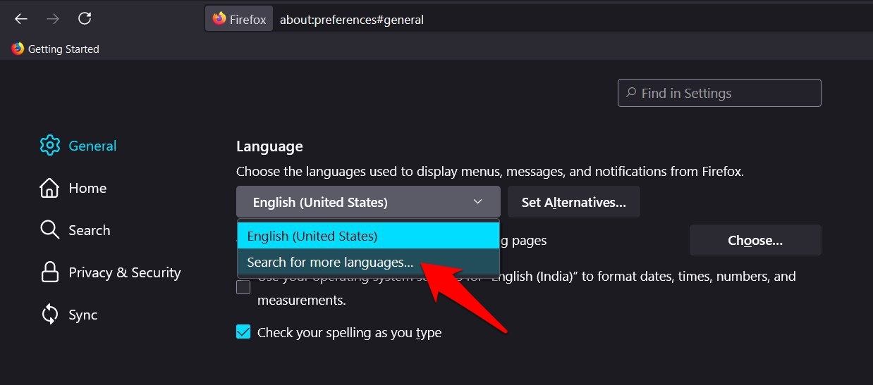 Search for more languages for Firefox Display menu, notification