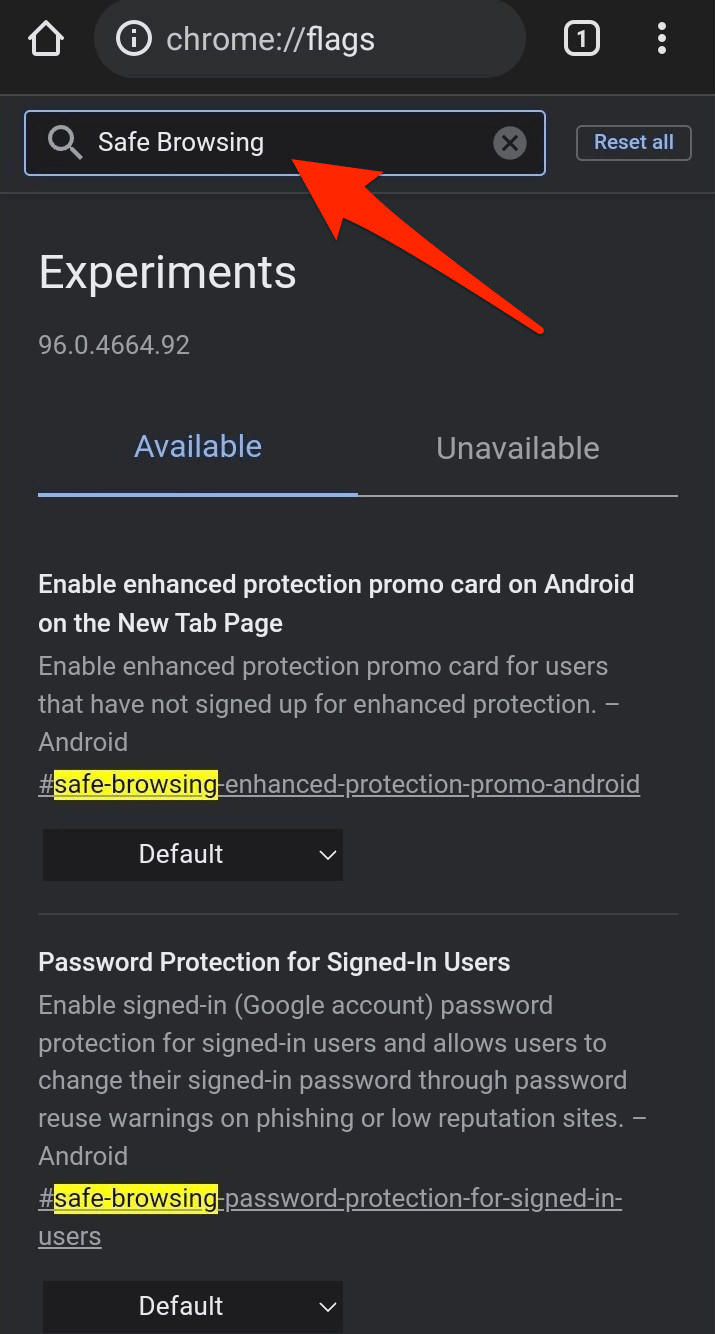 Search for Safe browsing in Chrome Flags Search bar