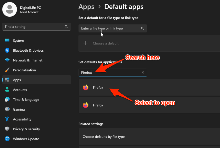 Search for browser app to Set defaults for application on Windows OS
