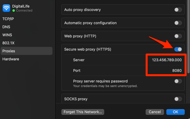 Secure web proxy settings in macOS