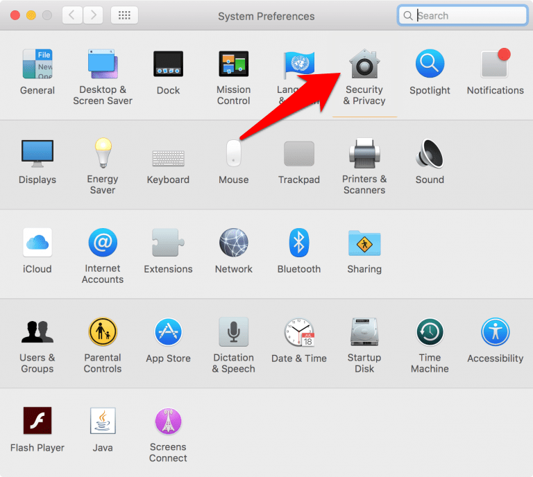 Security and Privacy Preferences menu in Mac OS