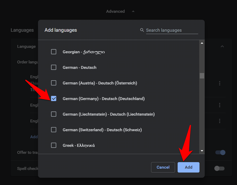 Select language and add to language list in chrome
