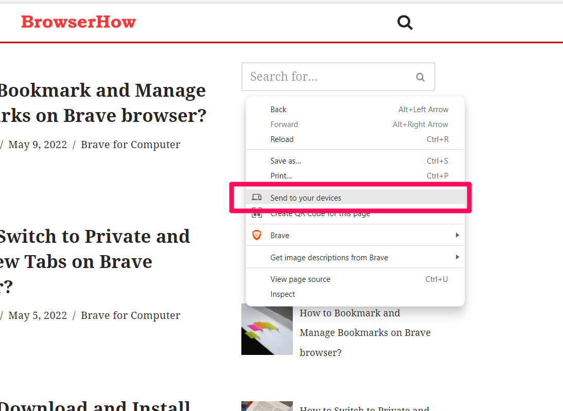 Send to your devices context menu on Brave computer