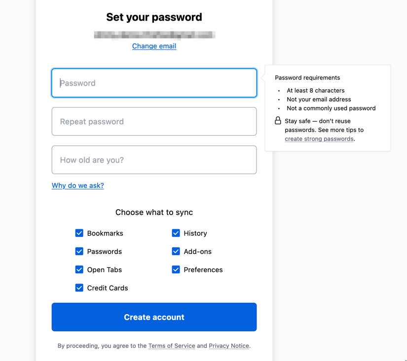 Set your password and choose what to sync on Firefox account