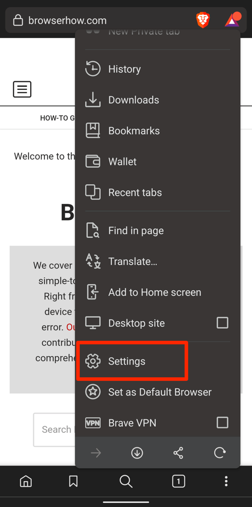 Settings menu in Brave for Android