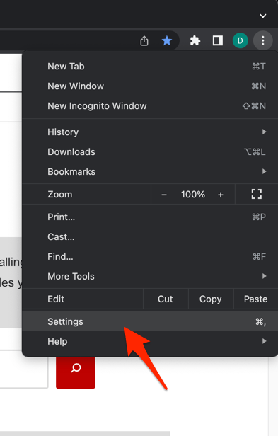 Settings menu in Chrome browser on computer