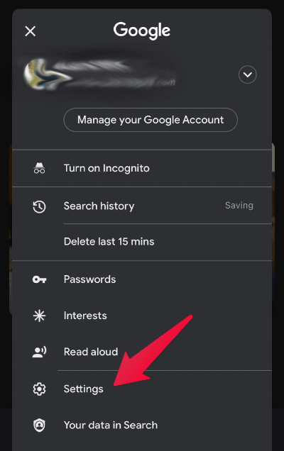 Settings menu in Chrome for iPhone
