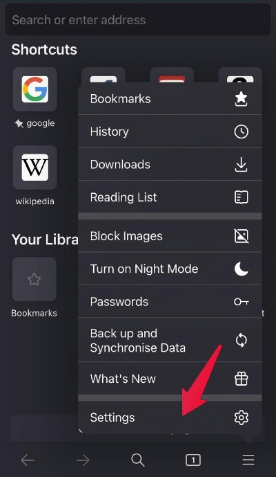 Settings menu tab in Firefox for iOS