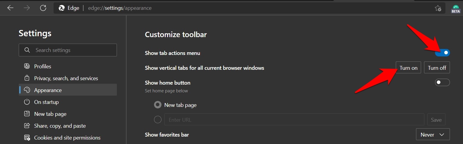 Show Tab action menu and enable vertical tabs in Microsoft Edge