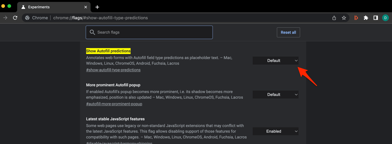 Show Autofill predictions Chrome Flag option