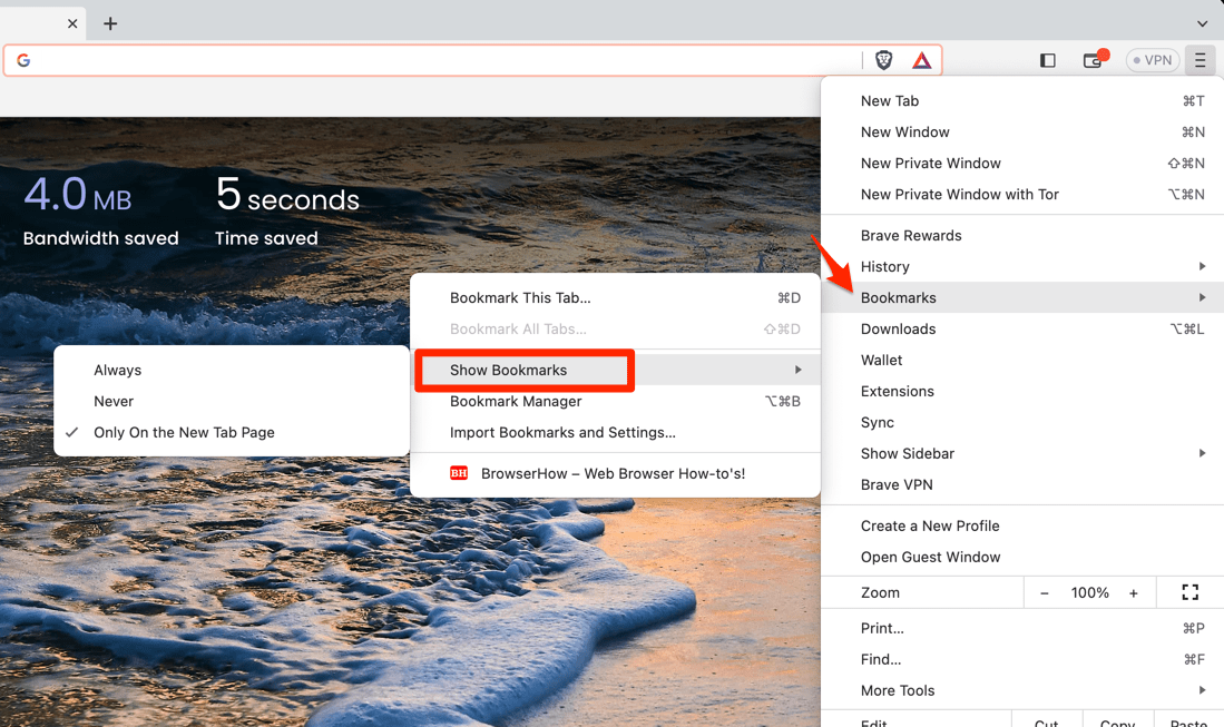 Show Bookmarks option in Brave computer browser