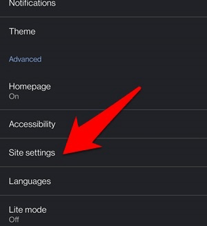 Site Settings tab in chrome android
