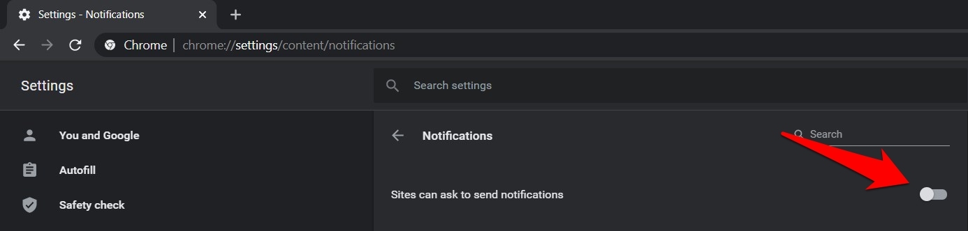 Site can ask to send notification toggle on chrome