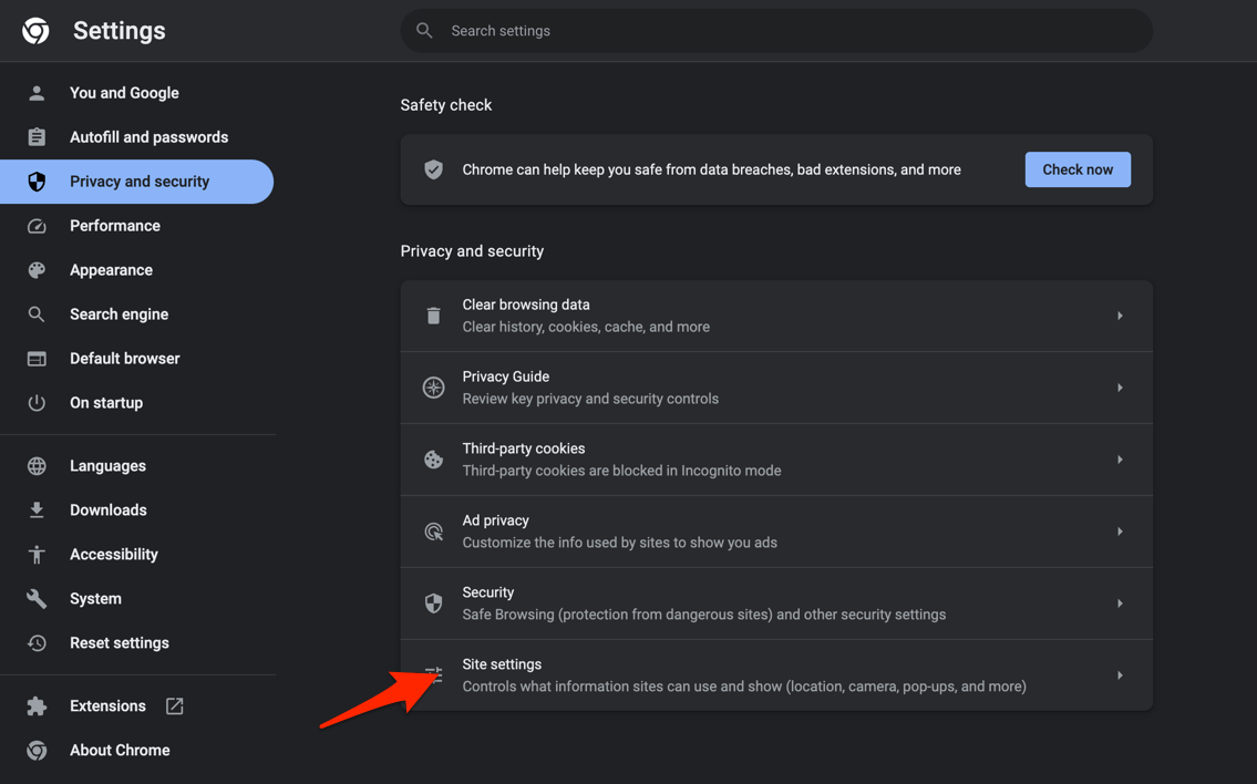 Site Settings - Privacy and security in Chrome browser