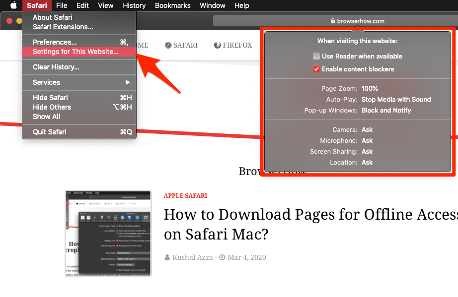 Site Settings for Website in Safari MacBook macOS