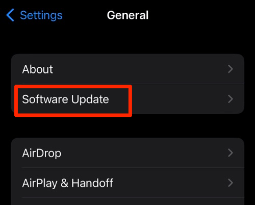Software Update menu under General tab on iPhone device