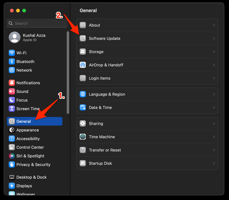 Software Update menu under General tab on macOS
