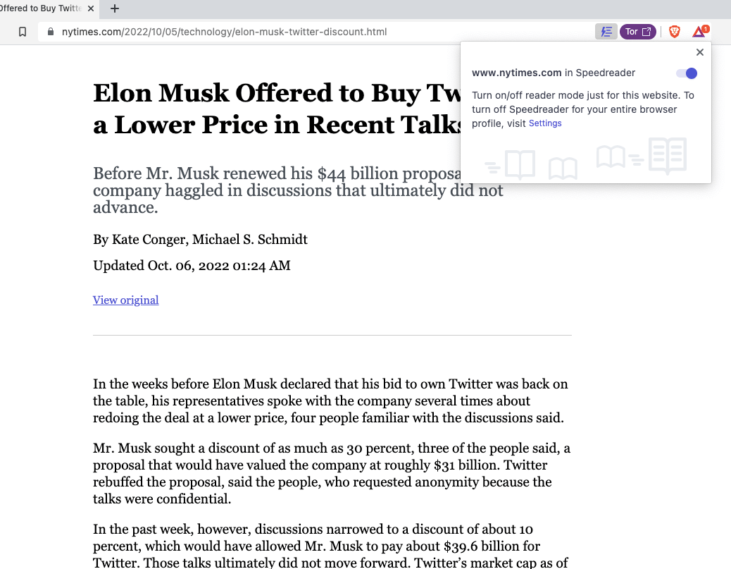 Speedreader Reader Mode loading on the Brave browser for NYTimes news site