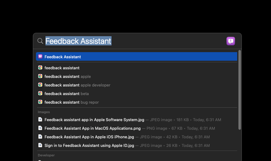 Spotlight Search Feedback Assistant