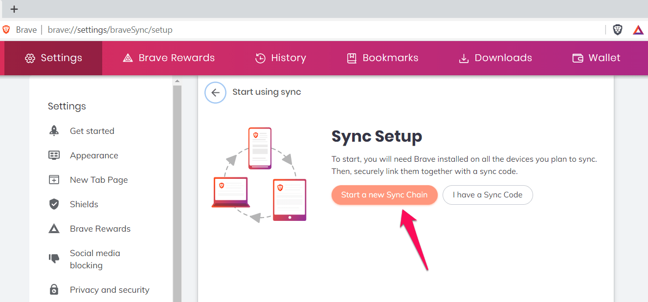 Start a new sync chain button Brave Computer
