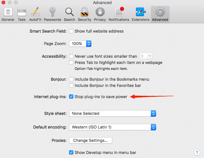 Stop plug-in to save power option in Safari preferences