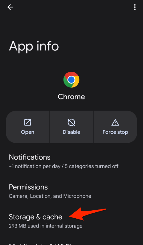 Storage and Cache menu in Chrome app on Android Settings