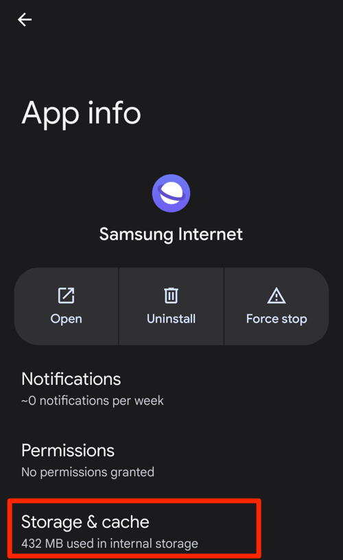 Storage and Cache tab in App Info page on Android Phone settings