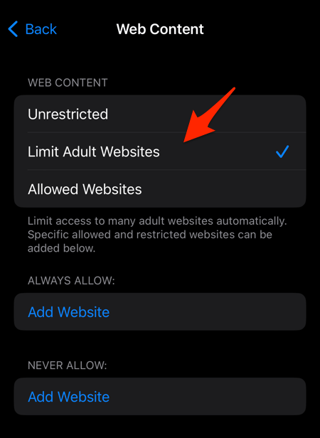 Switch to Limit Adult Websites in iPhone Settings