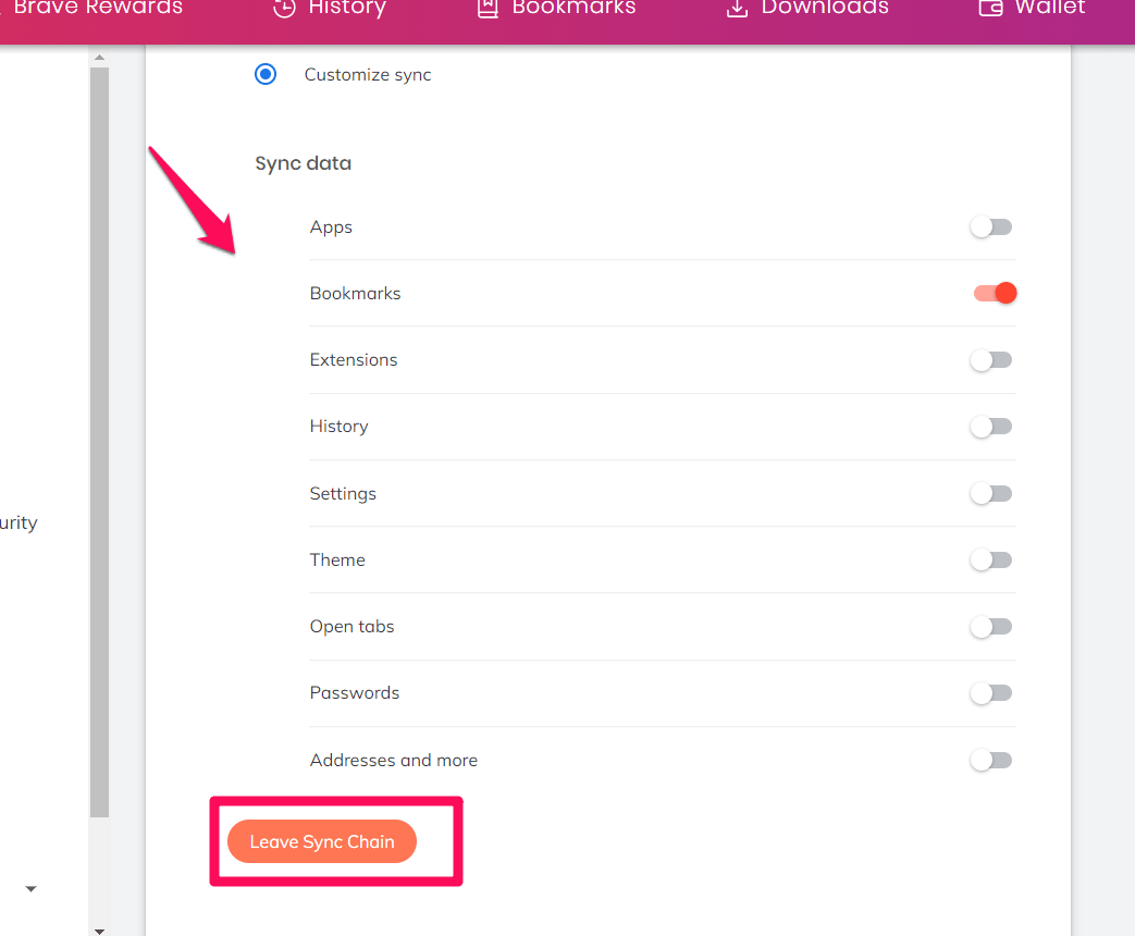 Sync Data toggle button and Leave Sync Chain button on Brave browser