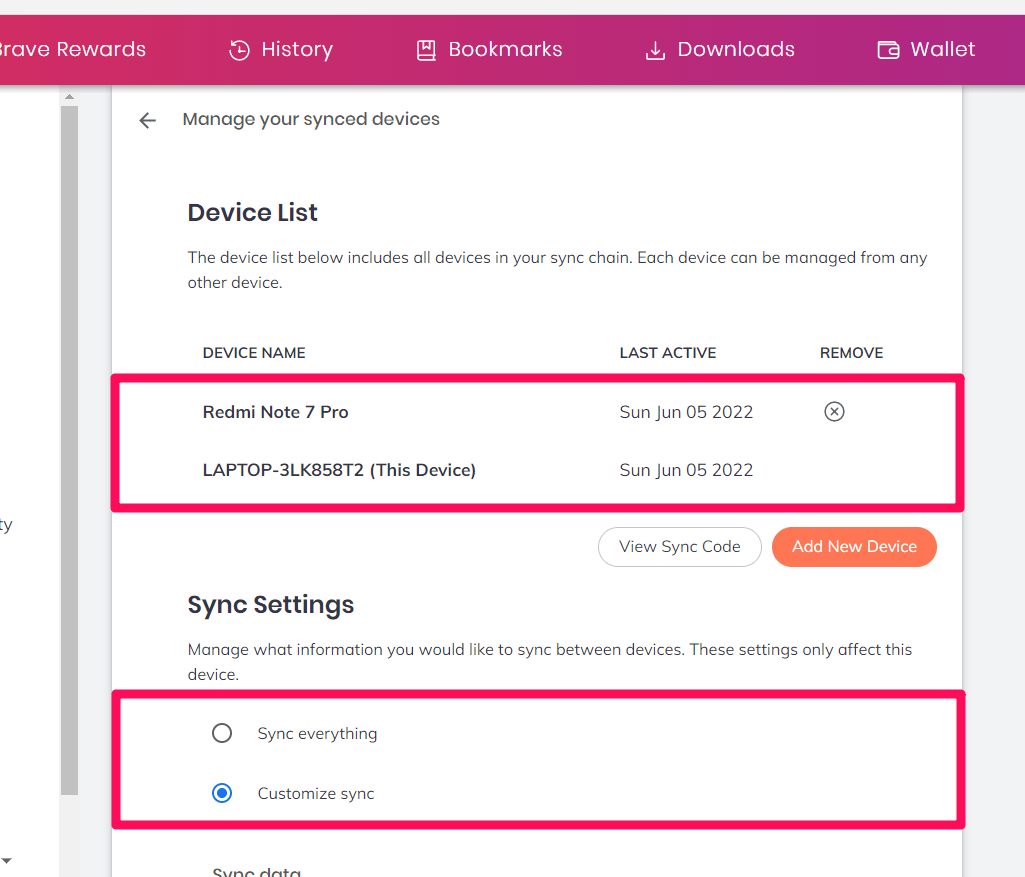 Sync Settings and Device List in Brave Browser