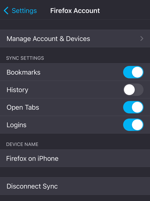 Sync Settings and manage Firefox account on iPhone