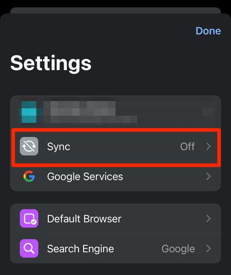 Sync option on Chrome iPhone