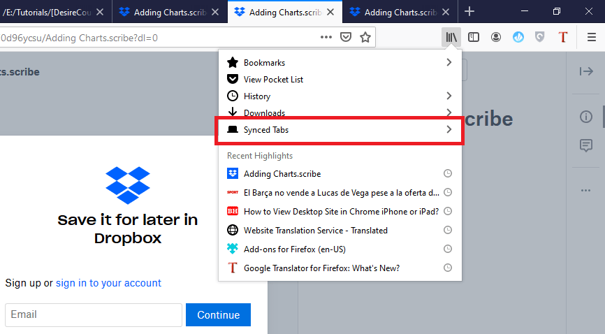 Synced Tabs in Mozilla Firefox Computer