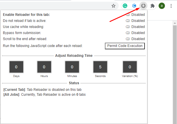 Tab Reloader Settings icon in Chrome