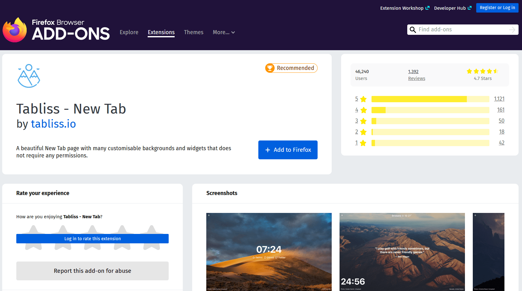 Tabliss New Tab Firefox Add-on