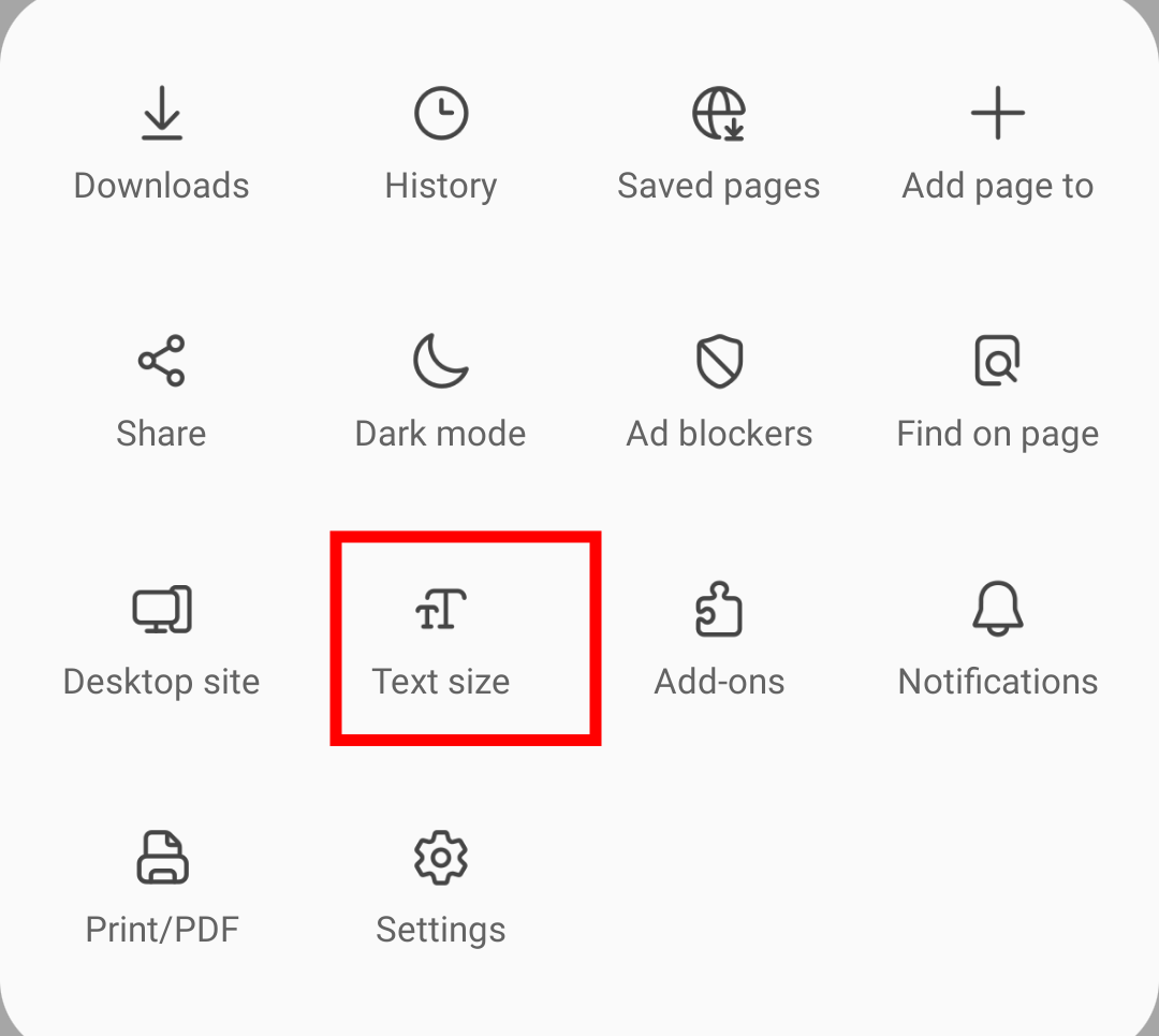 Text Size menu option on Samsung Internet